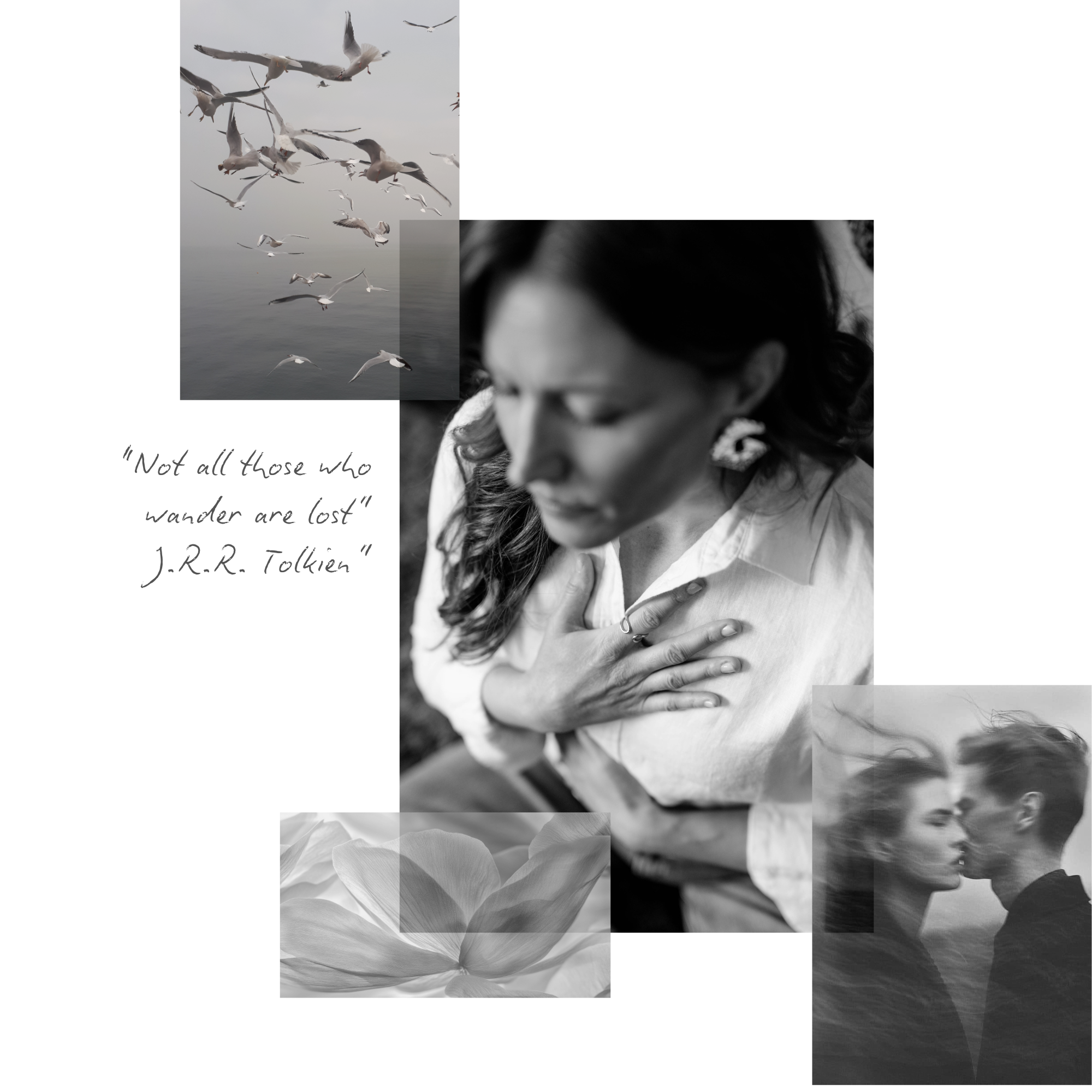 A black-and-white collage of a woman with long, curly hair, eyes closed, and hand on her chest, birds flying, flower, and a blurry image of a man and woman