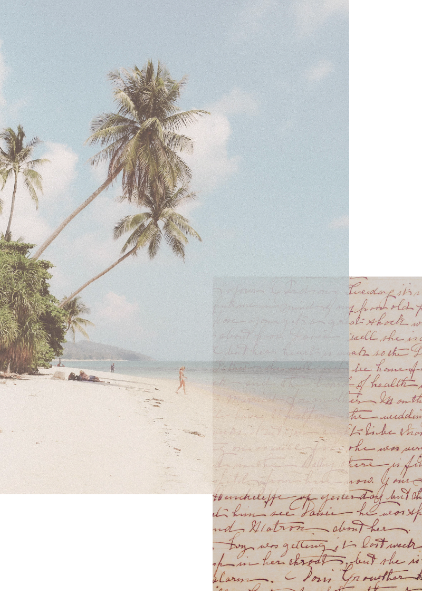 Beach scene with tall palm trees, white sand, and a calm ocean under a partly cloudy sky.