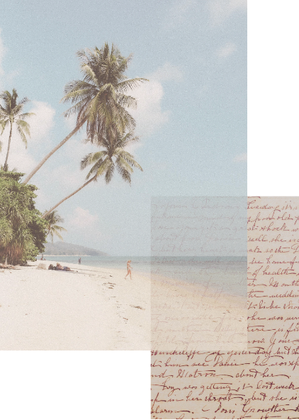 Beach scene with palm trees, sandy shore, and ocean waves, with partially obscured handwritten text overlay.