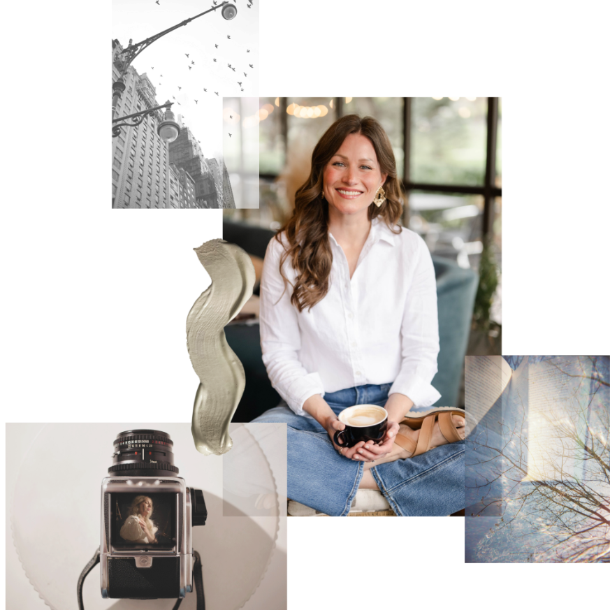 A collage featuring a woman smiling and holding a coffee mug in a cozy indoor setting, a black-and-white cityscape with birds flying overhead, a vintage camera capturing the woman, a silver abstract shape and a photograph of tree branches with sunlight filtering through