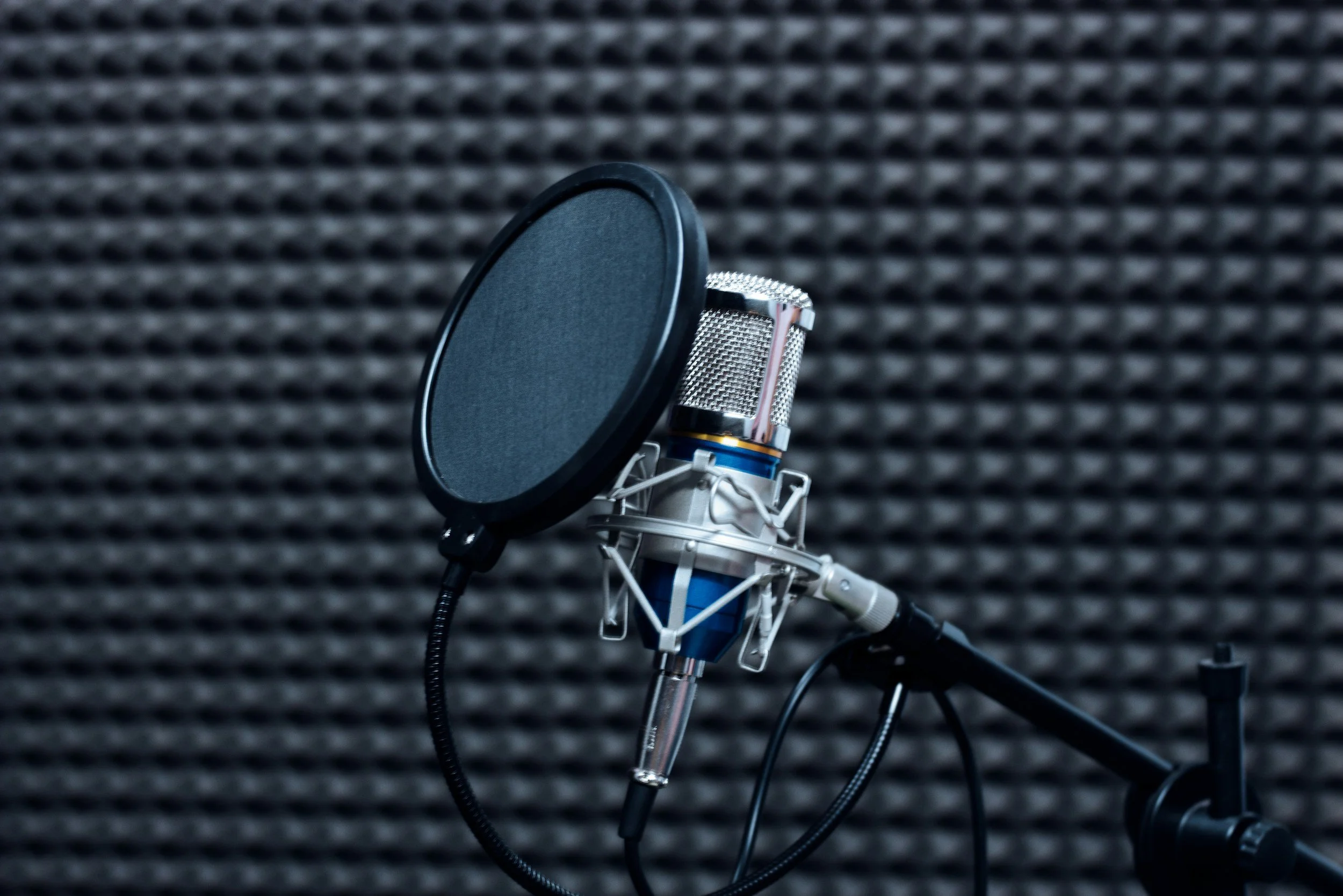 A professional studio microphone with a pop filter in front, set up in a soundproof recording booth.
