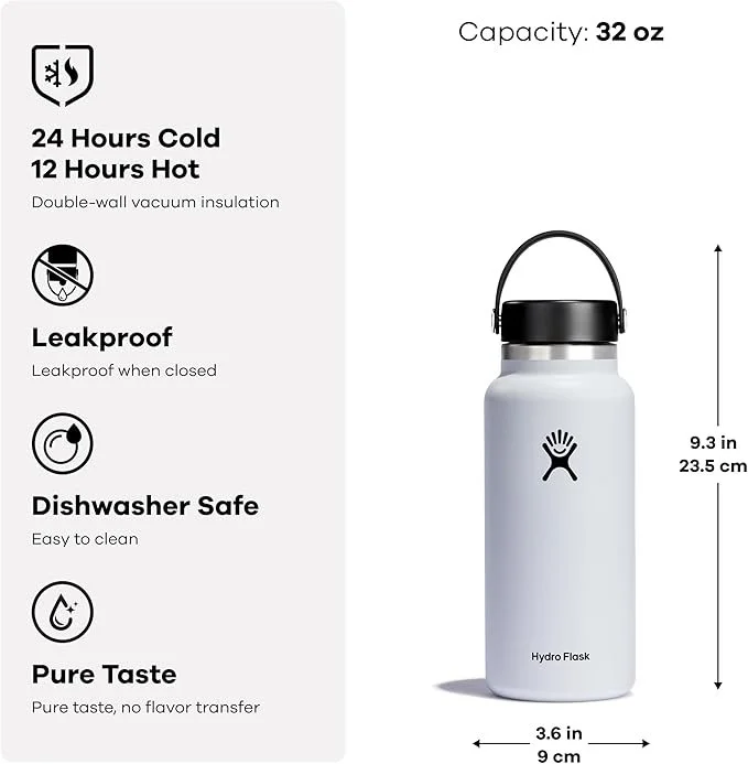 A white hydro flask water bottle with a black lid and handle, featuring the Hydro Flask logo. The product details include a 32-ounce capacity, height of 9.3 inches, and width of 3.6 inches. The left side lists features such as 24 hours cold, 12 hours hot, leakproof, dishwasher safe, and pure taste.