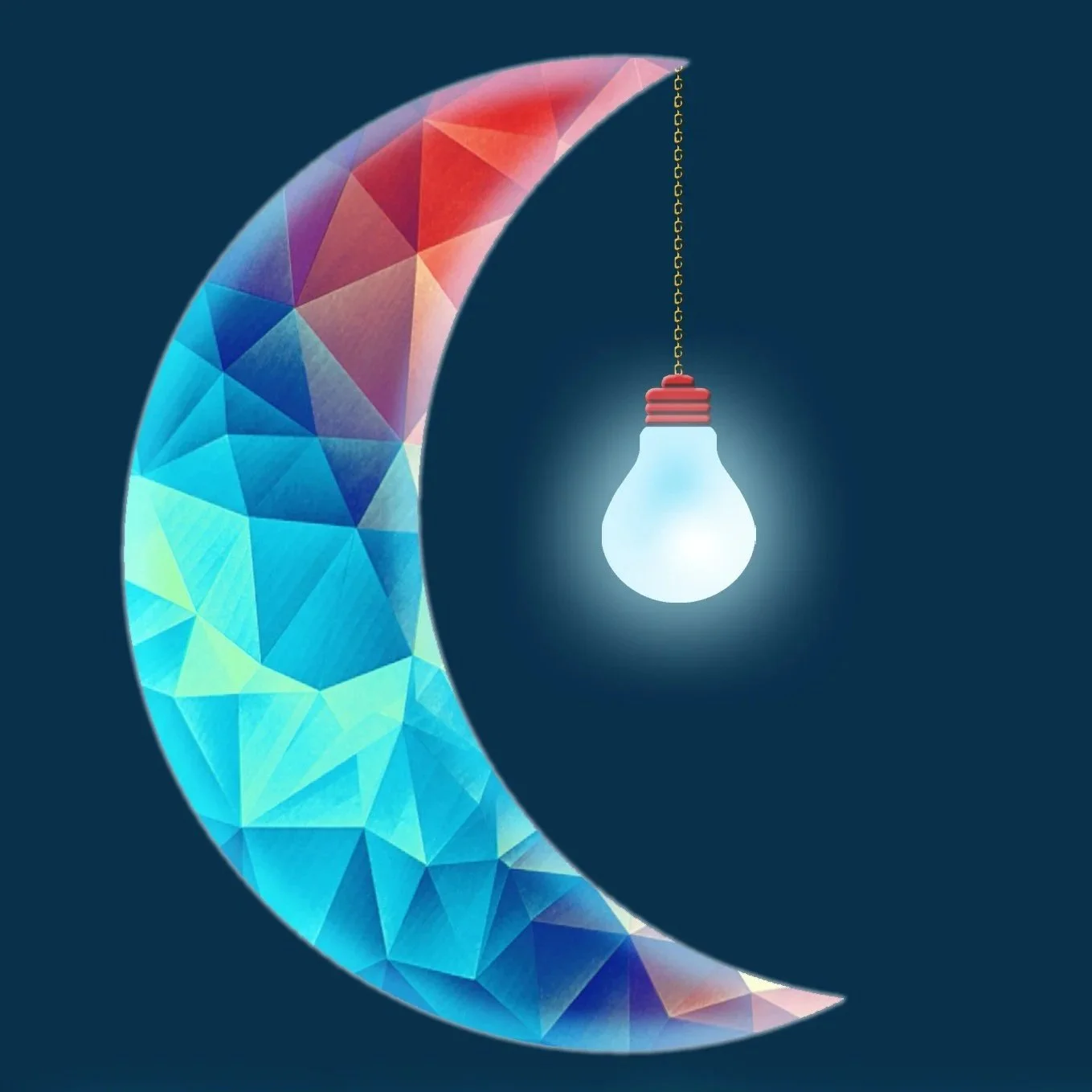 A geometric, colorful crescent moon with hues of blue, pink, and purple, and a hanging illuminated lightbulb against a dark background.