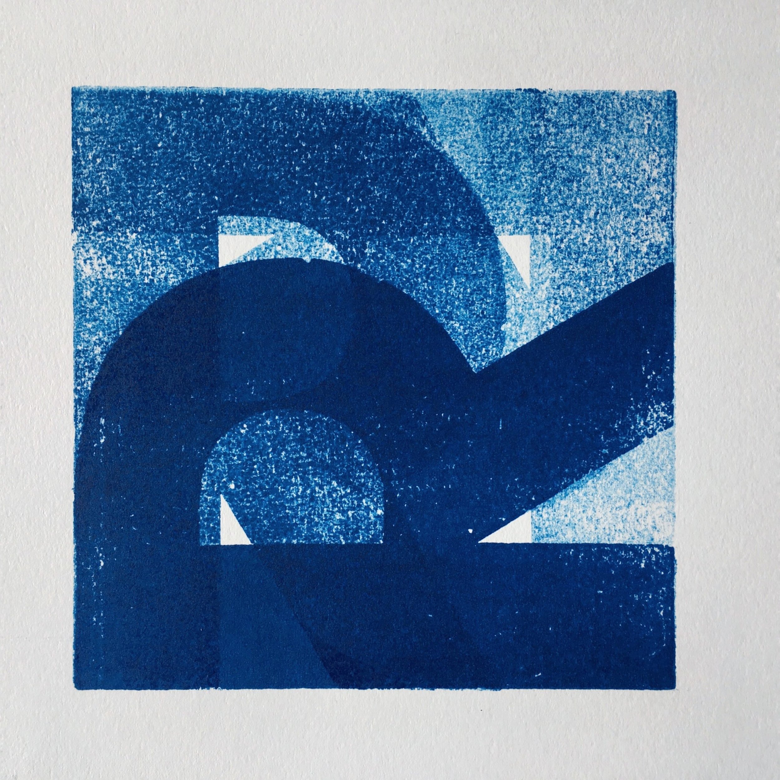Blue geometric abstract art with circles, triangles, and rectangles.