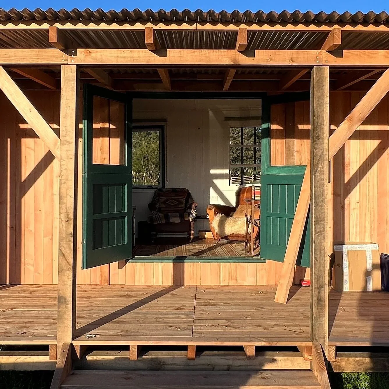#wip 

Loving this space, especially in the late afternoon sun - a nearly finished hilltop timber cabin with views out to sea. Idyllic 😍

#cabinvibes 
#verandahlife 
#woodenhut