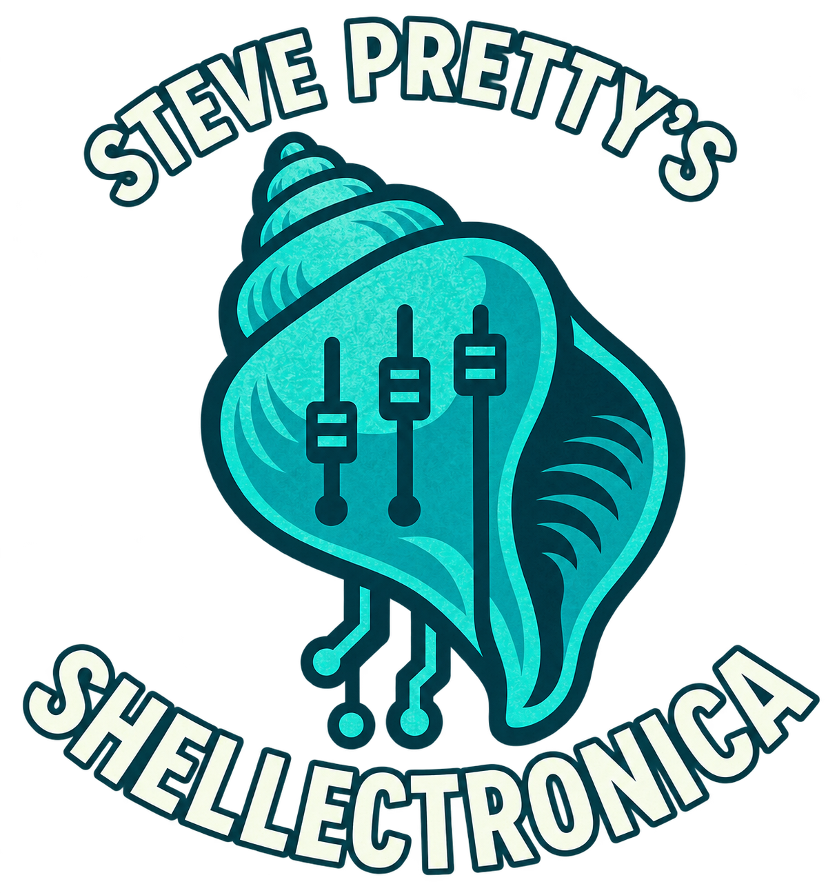 Steve Pretty’s Shellectronica logo: a shell with audio sliders and electronic circuits.