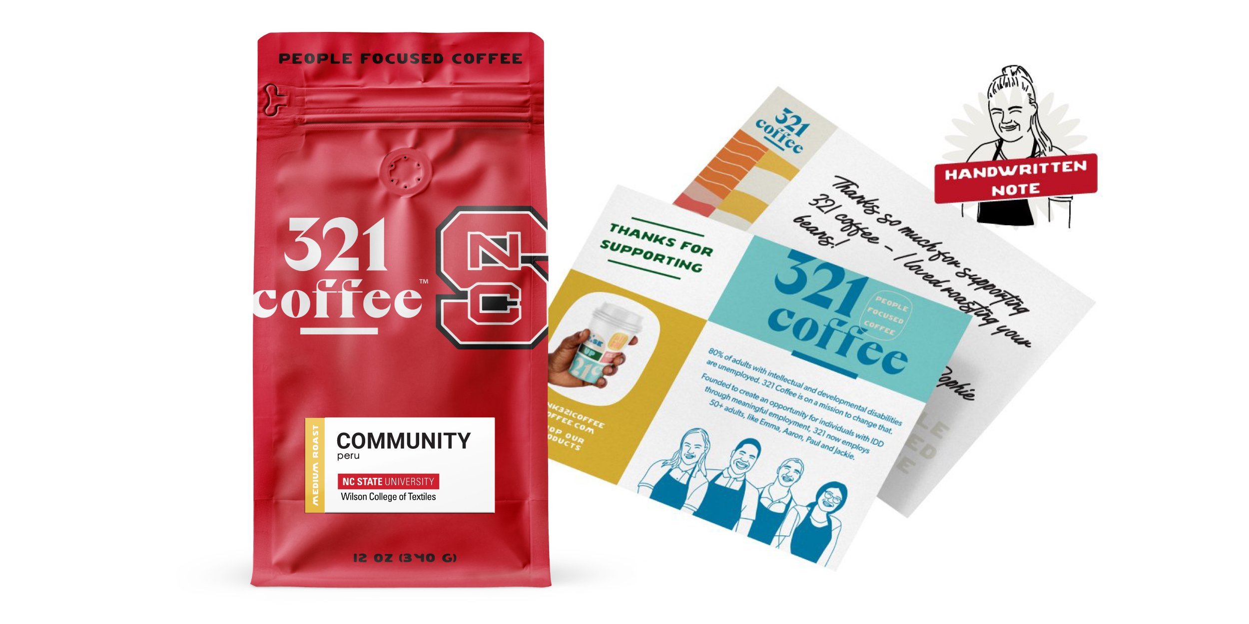 A final custom NC State co-branded bag of 321 Coffee is shown next to a handwritten note.