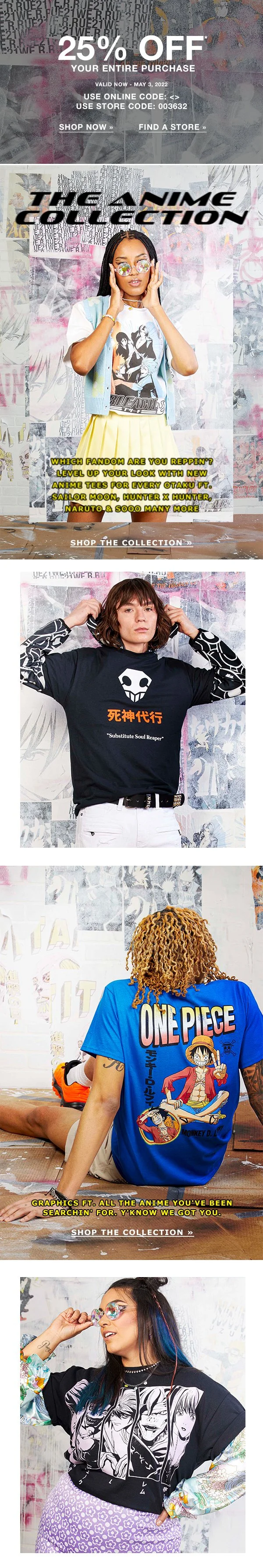 Promotional advertisement featuring diverse individuals wearing various anime and pop culture-themed clothing, with text highlighting discounts, collections, and anime references.
