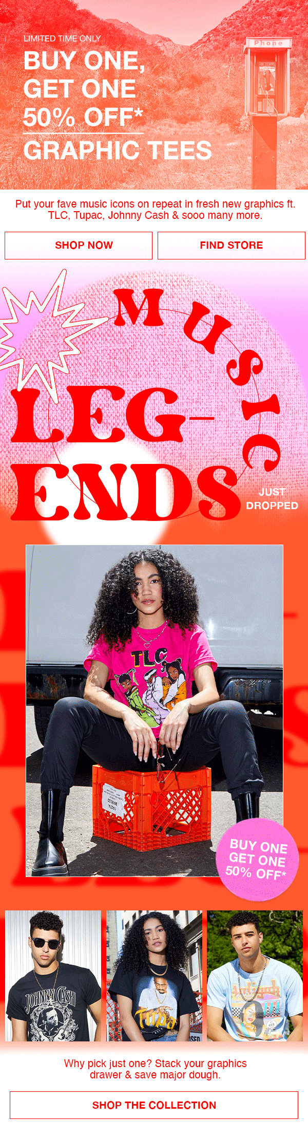 Advertisement for a limited-time sale on graphic T-shirts featuring music icons like TLC, Tupac, and Johnny Cash. The ad promotes buy one, get one 50% off. The top section shows a red and pink background with a telephone booth and mountains, along wi