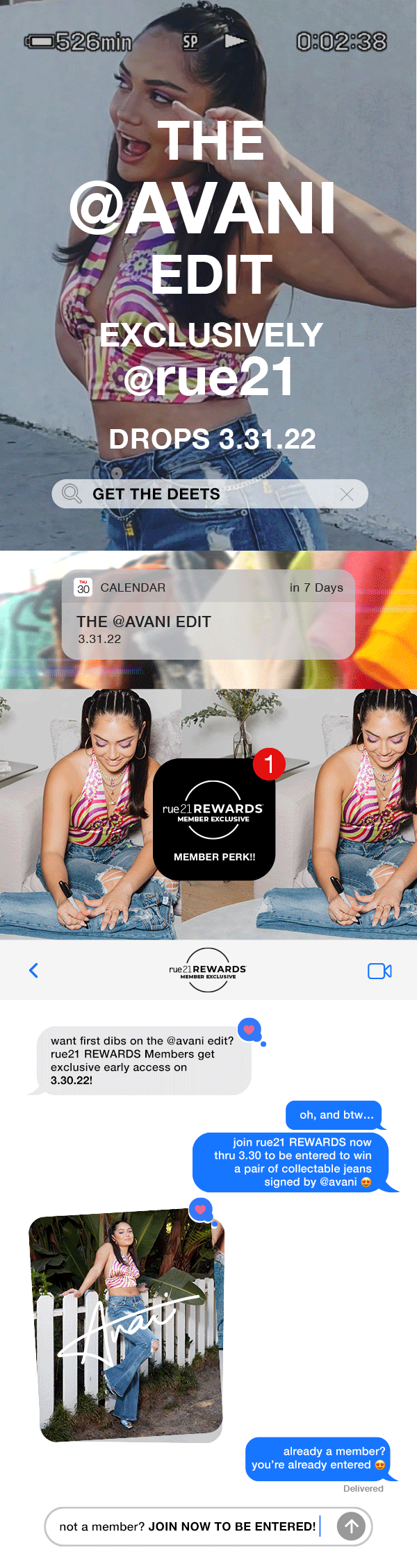 A woman with dark hair in a high ponytail wearing a colorful striped crop top and denim jeans, smiling and adjusting her hair outside. In the lower part of the image, she is sitting indoors, signing a collection of denim jeans, with a reward notifica