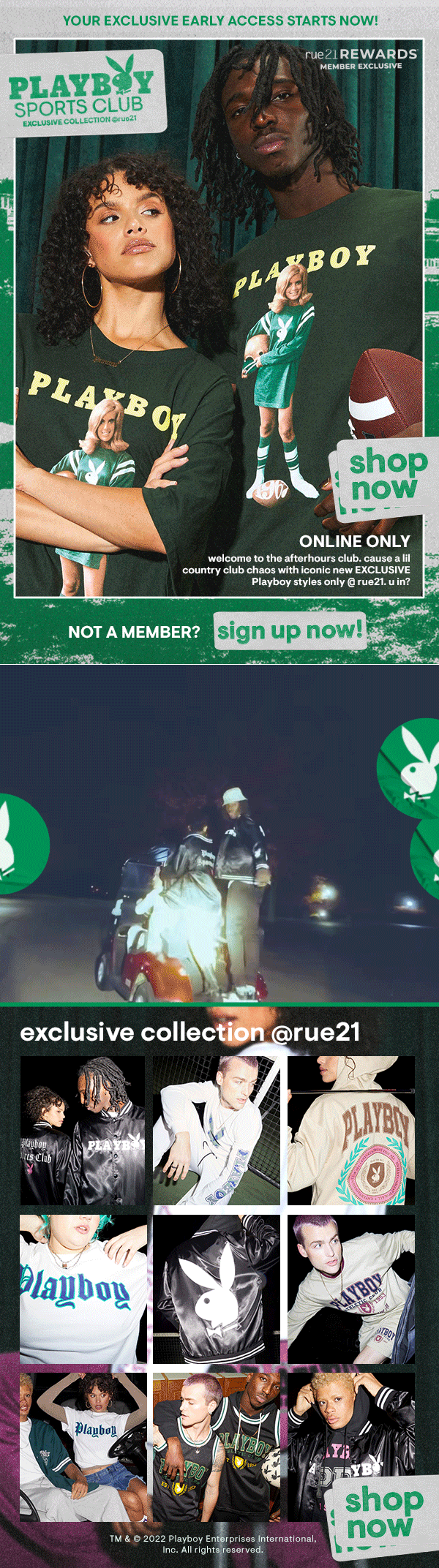 A promotional flyer for Playboy Sports Club featuring models wearing matching Playboy-themed clothing, including T-shirts with the Playboy logo and images of Playboy models. The flyer promotes early access, online exclusive membership, and invites vi