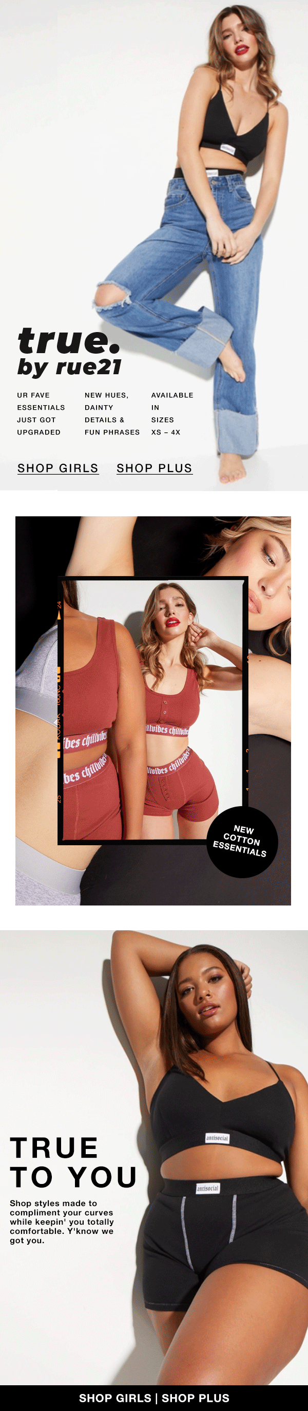 Fashion advertisements featuring women in casual and loungewear outfits against white backgrounds. Text overlays promote clothing collections and styles.