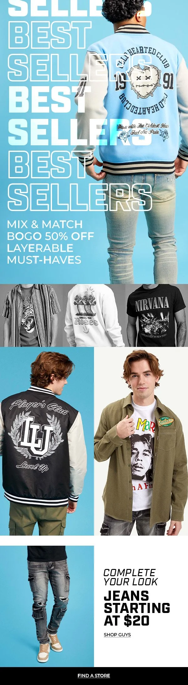 Fashion retail advertisement featuring styles for men, including a varsity jacket, graphic T-shirts, distressed jeans, and a caption promoting jeans starting at $20. The background is predominantly light blue and the layout highlights various clothin