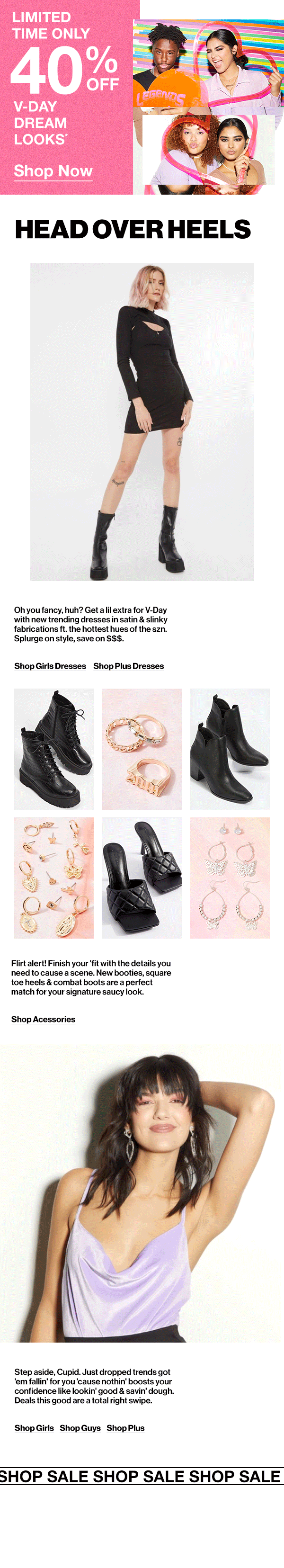 Fashion advertisement featuring models wearing trendy clothes and accessories, with promotional discounts and shoe options.