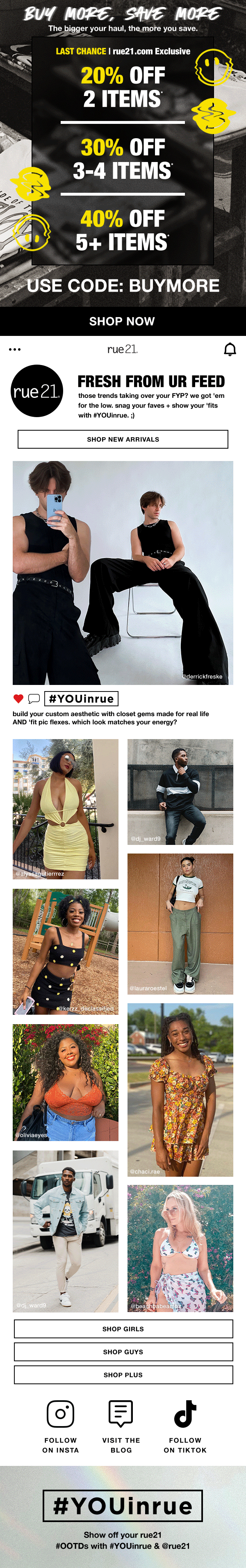 Promotional advertisement for rue21 offering discounts on multiple items based on quantity, with a code BUYMORE, and a call to action to shop now. The advertisement also includes fashion images of diverse models and links to follow on social media pl