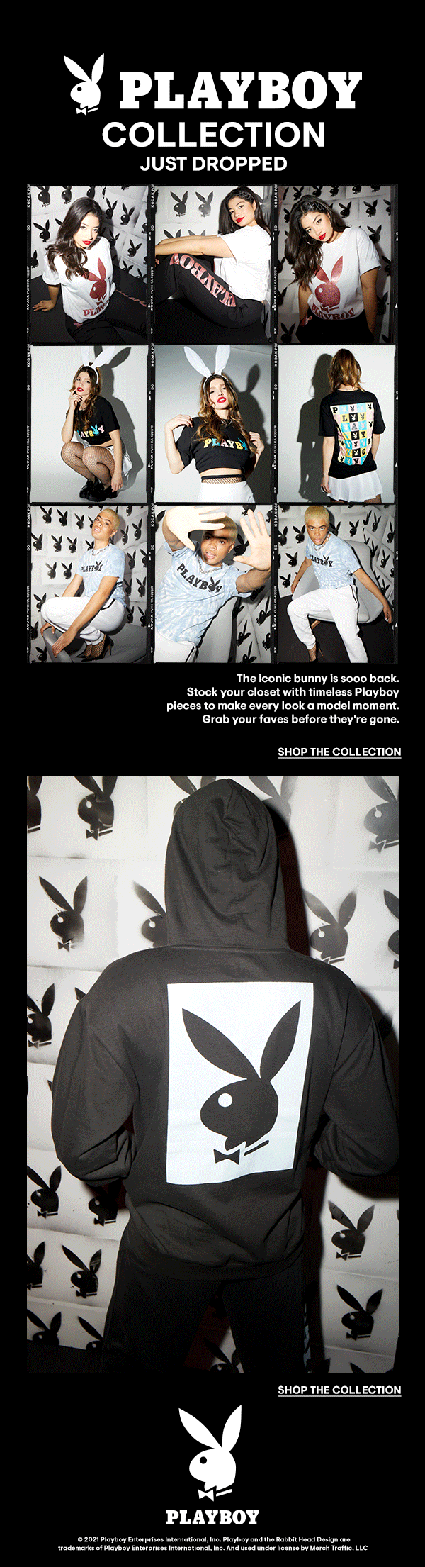 Advertisement for Playboy collection featuring models wearing Playboy apparel and accessories with black and white rabbit head logo, and a person wearing a black hoodie with a large Playboy rabbit logo on the back.