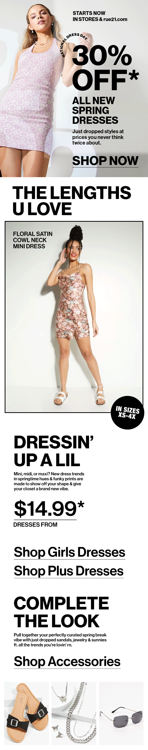 A woman modeling a pink and white spring dress with a target promotion of 30% off on new spring dresses, promoting sizes XS to 4X and accessories like sandals, jewelry, and sunglasses.
