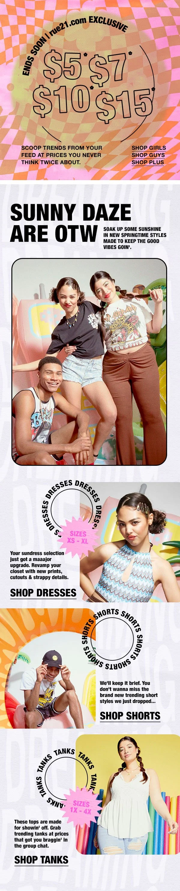 A shopping flyer with sale prices and images of young people modeling casual and trendy clothing, including dresses, shorts, and tanks, with colorful backgrounds and playful designs.