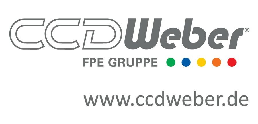 Logo der Firma CCD Weber mit dem Text 'CCD Weber', 'FPE GRUPPE' und der Webseite 'www.ccdweber.de', sowie fünf farbigen Punkten in grün, blau, gelb, orange und rot.