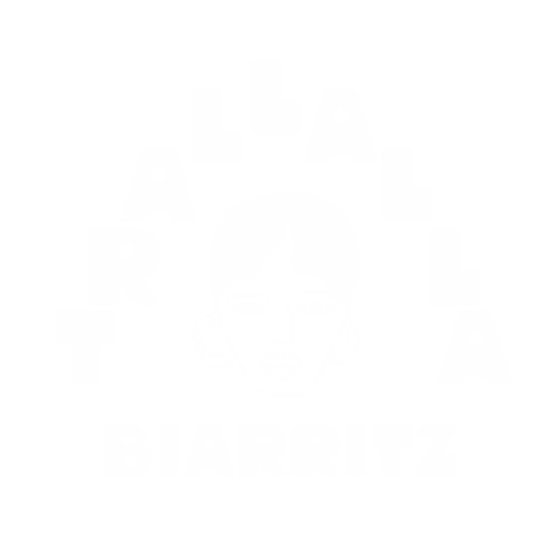 Design en noir et blanc avec une tête stylisée de femme africaine, des lettres formant le texte 'Artala Biarritz' et un slogan 'L'Artala Biarritz' encadrant le visage.