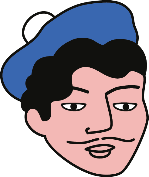 Portrait d'une personne avec un chapeau bleu, cheveux noirs et expression neutre.