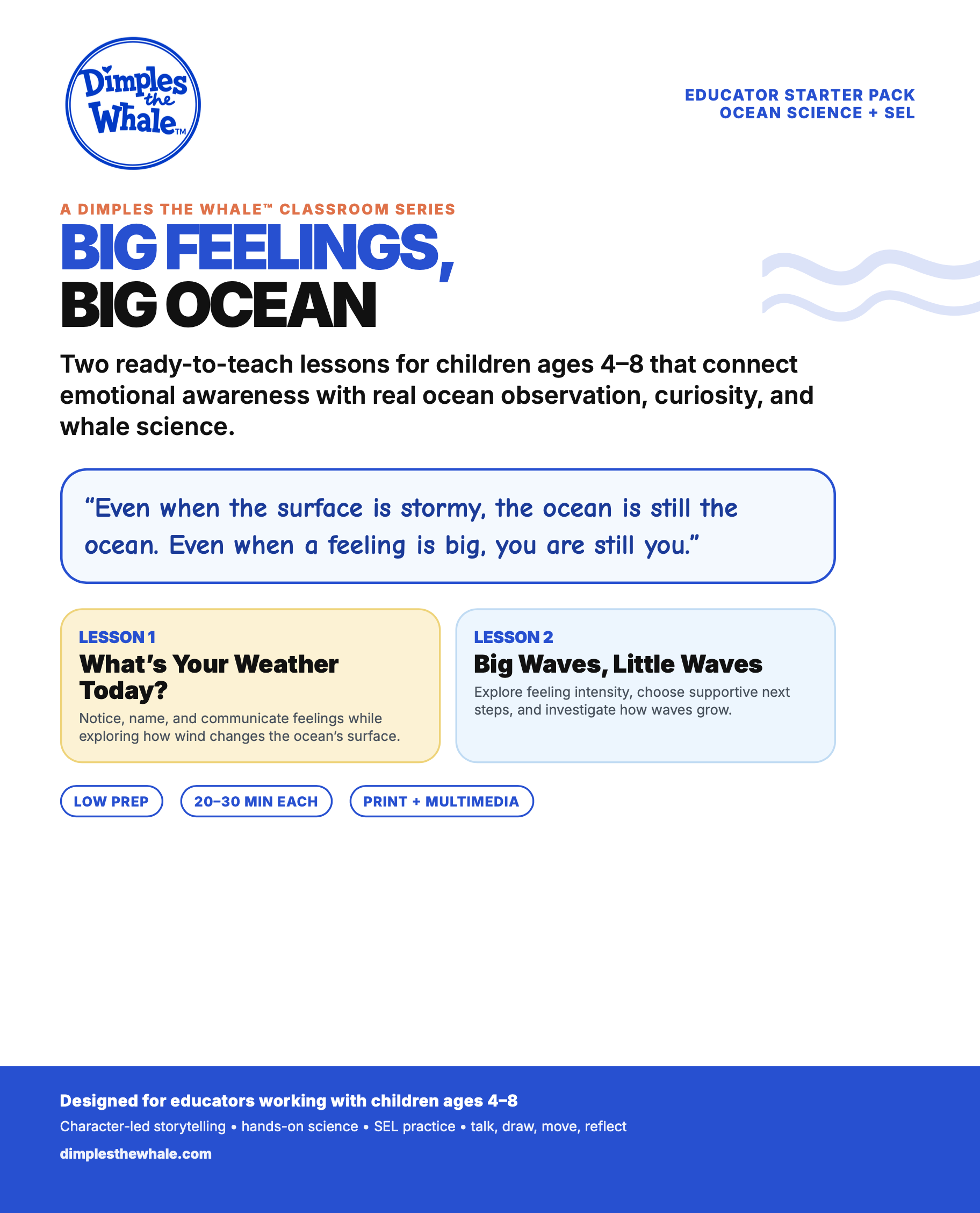 Cover page of educational resource titled 'Big Feelings, Big Ocean,' part of a classroom series about ocean science and social-emotional learning for children aged 4-8. It features the Dimplesthewhale branding and highlights lessons on weather and ocean waves, aimed at educators for classroom use.