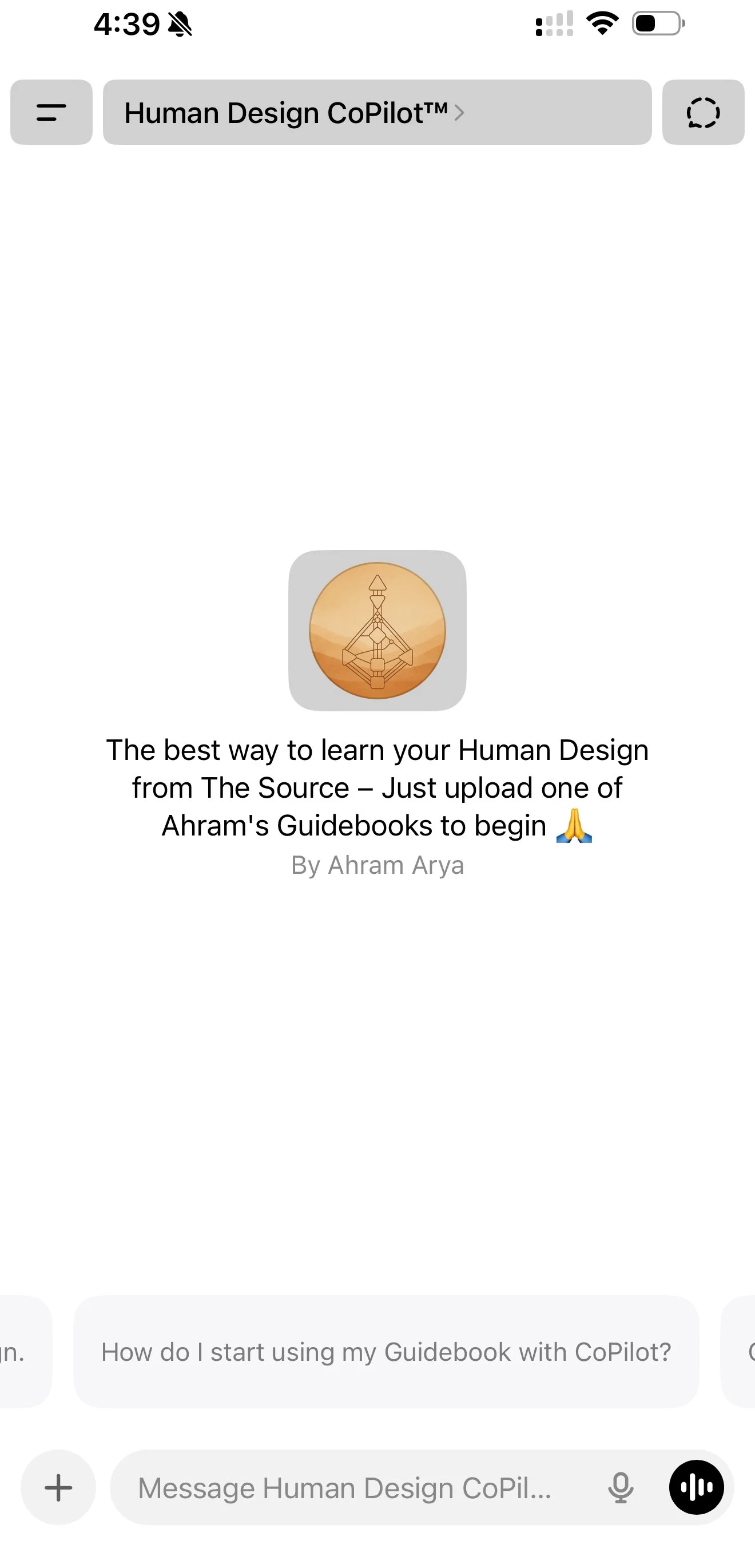 A phone screenshot image of Ahram's human design copilot GPT, the best way to learn to human design from the source, showing an image of a custom stylized body graph, inspiring the audience to learn their operating system