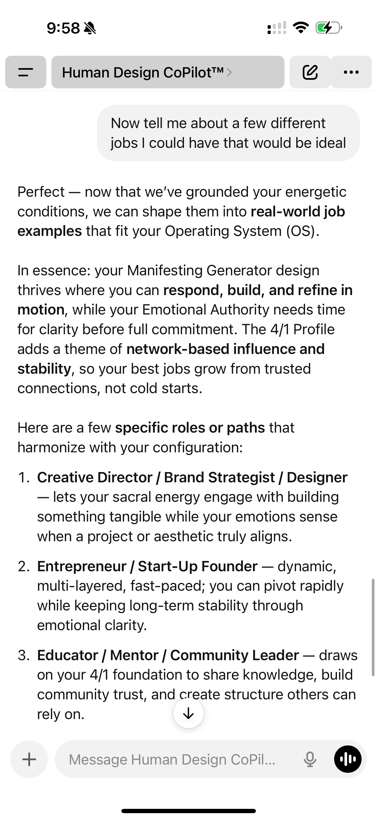 A phone screenshot image of Ahram's human design copilot GPT in action, the best way to learn to human design from the source, showing an image of a custom stylized body graph, inspiring the audience to learn their operating system