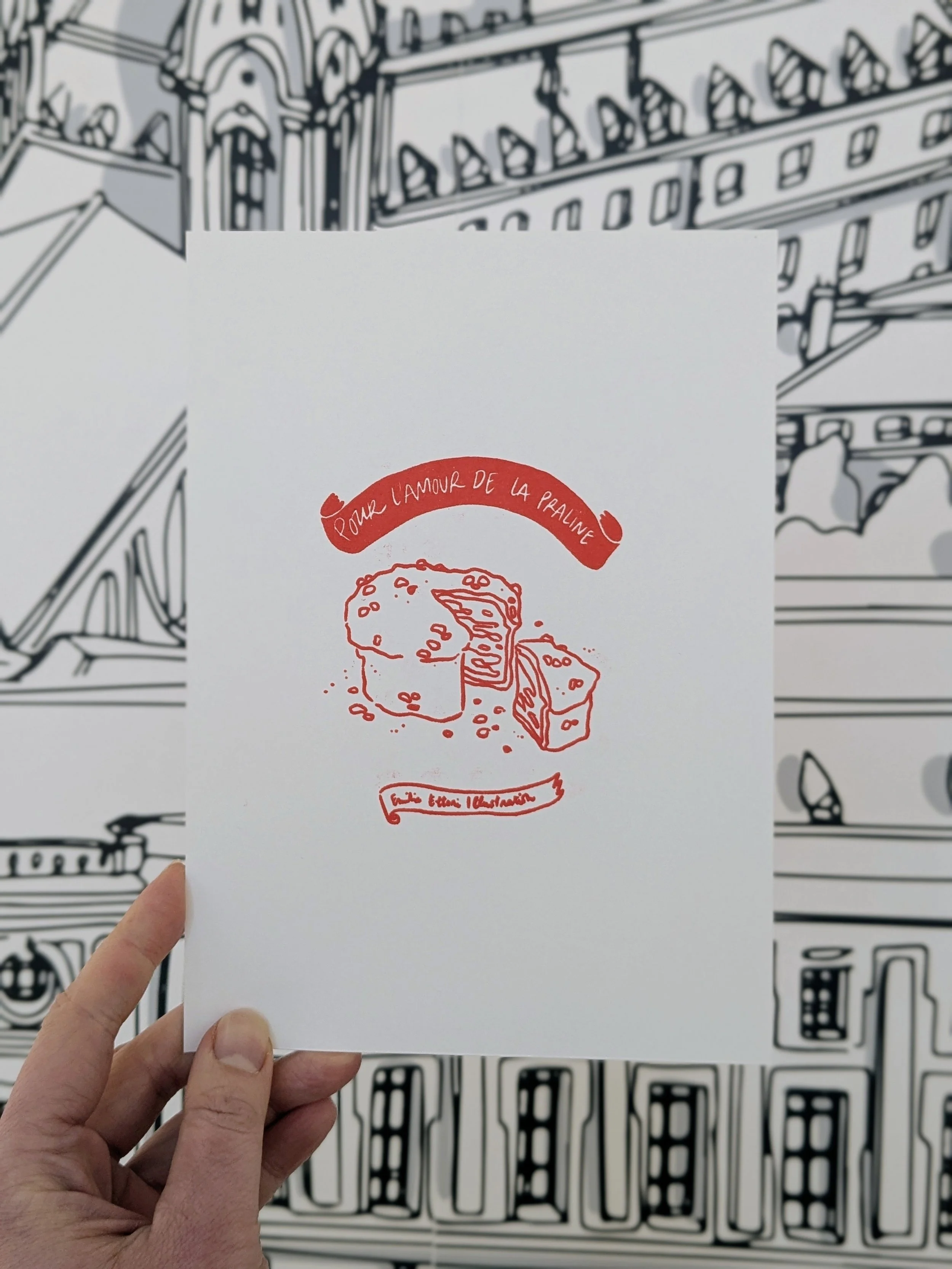 Petite Linogravure “ Pour l'amour de la Praline ”, encre rouge