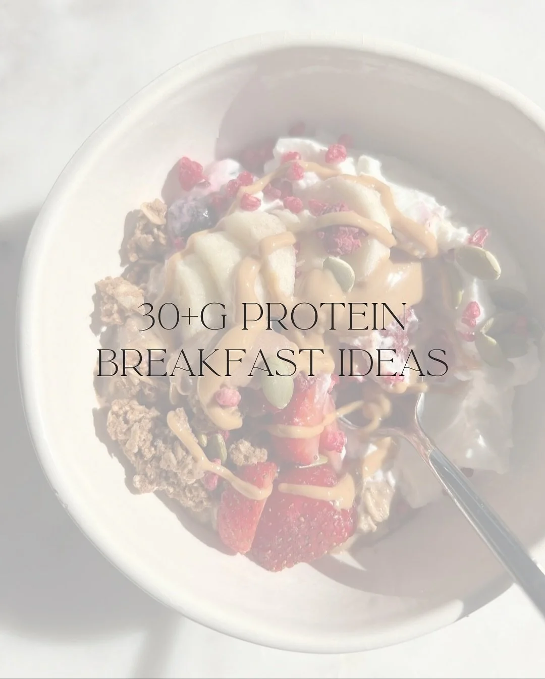 Breakfast Inspiration (30+g protein)

🥜1. PB &amp; Strawberry Protein Smoothie
Ingredients:
&bull; 1 cup strawberries (fresh or frozen)
&bull; 1 scoop protein powder (20&ndash;25 g protein)
&bull; &frac34; cup plain Greek yogurt (12&ndash;15 g prote