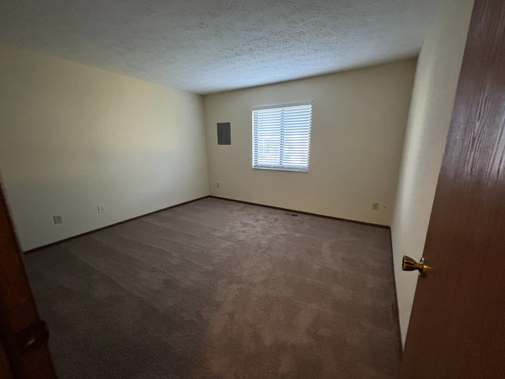 Empty room with beige walls, a window with blinds, brown carpet, and a partially open wooden door.