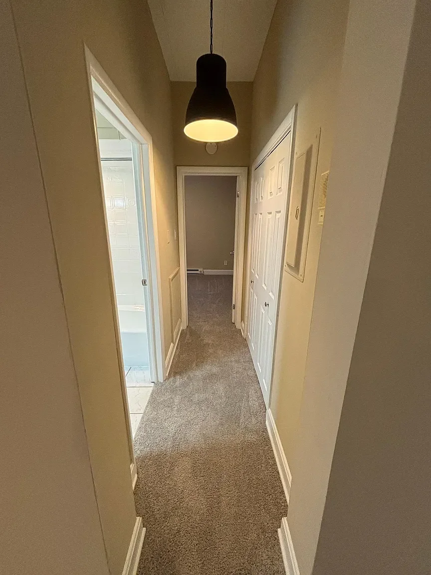Interior view of a narrow hallway with beige walls, a black hanging ceiling light, and a carpeted floor. There are open doors on the left, one leading to a bathroom, and on the right, there are closet doors. At the end of the hallway, there is a clos