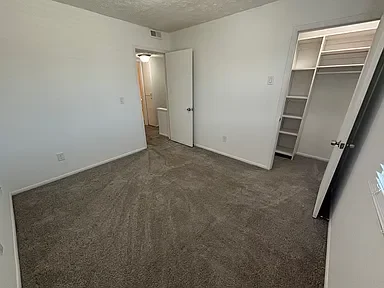 Empty bedroom with beige carpet, white walls, a partially open door, and built-in shelves in a closet.