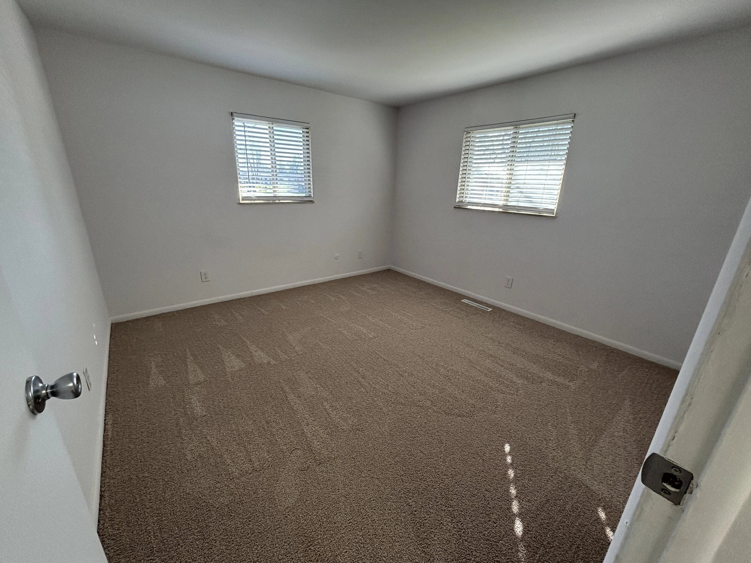 Empty room with white walls, beige carpet, two windows with blinds, and a white door partially open.