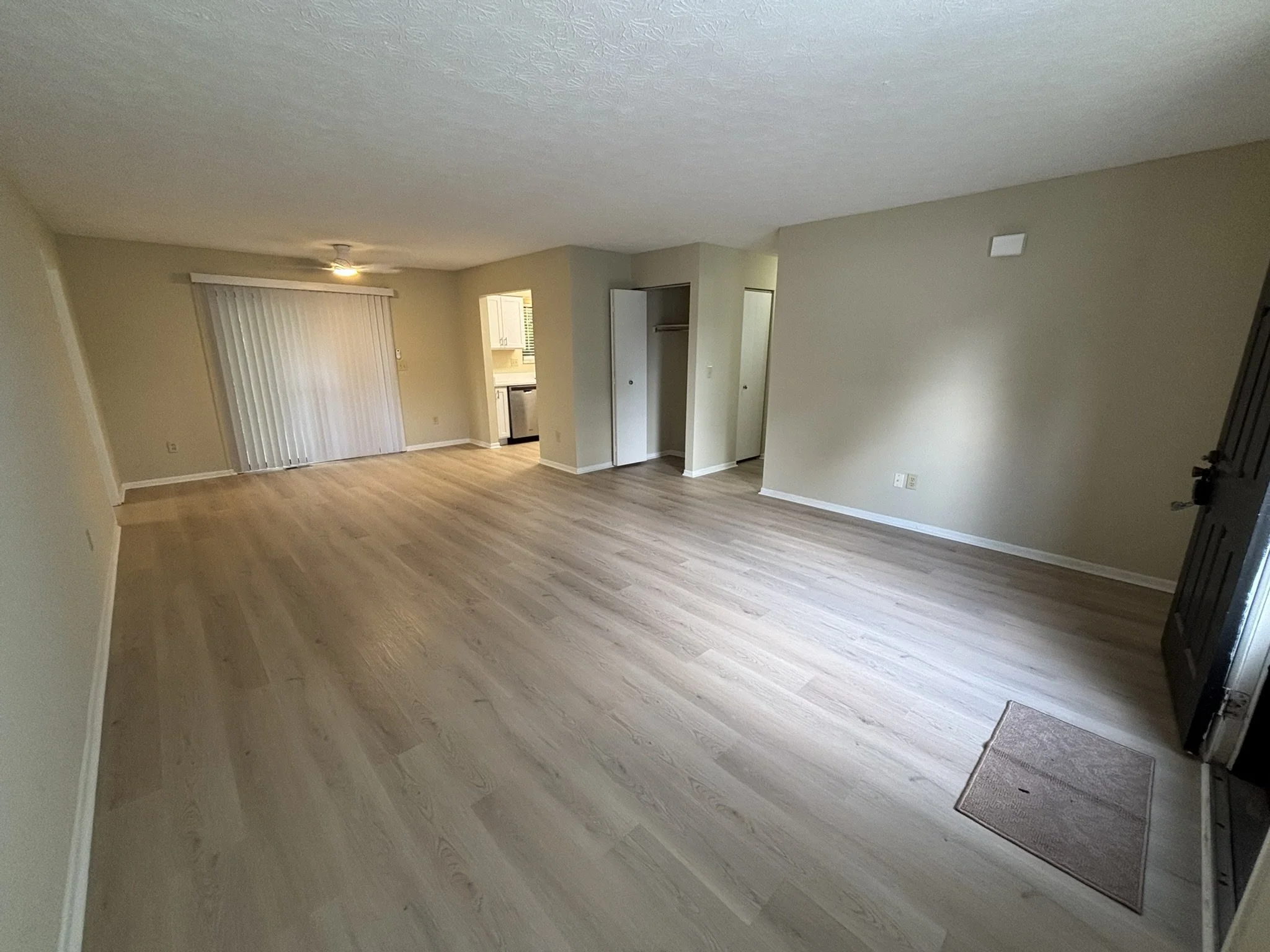 Empty living room with light wood flooring, beige walls, slider with vertical blinds, and visible kitchen area.