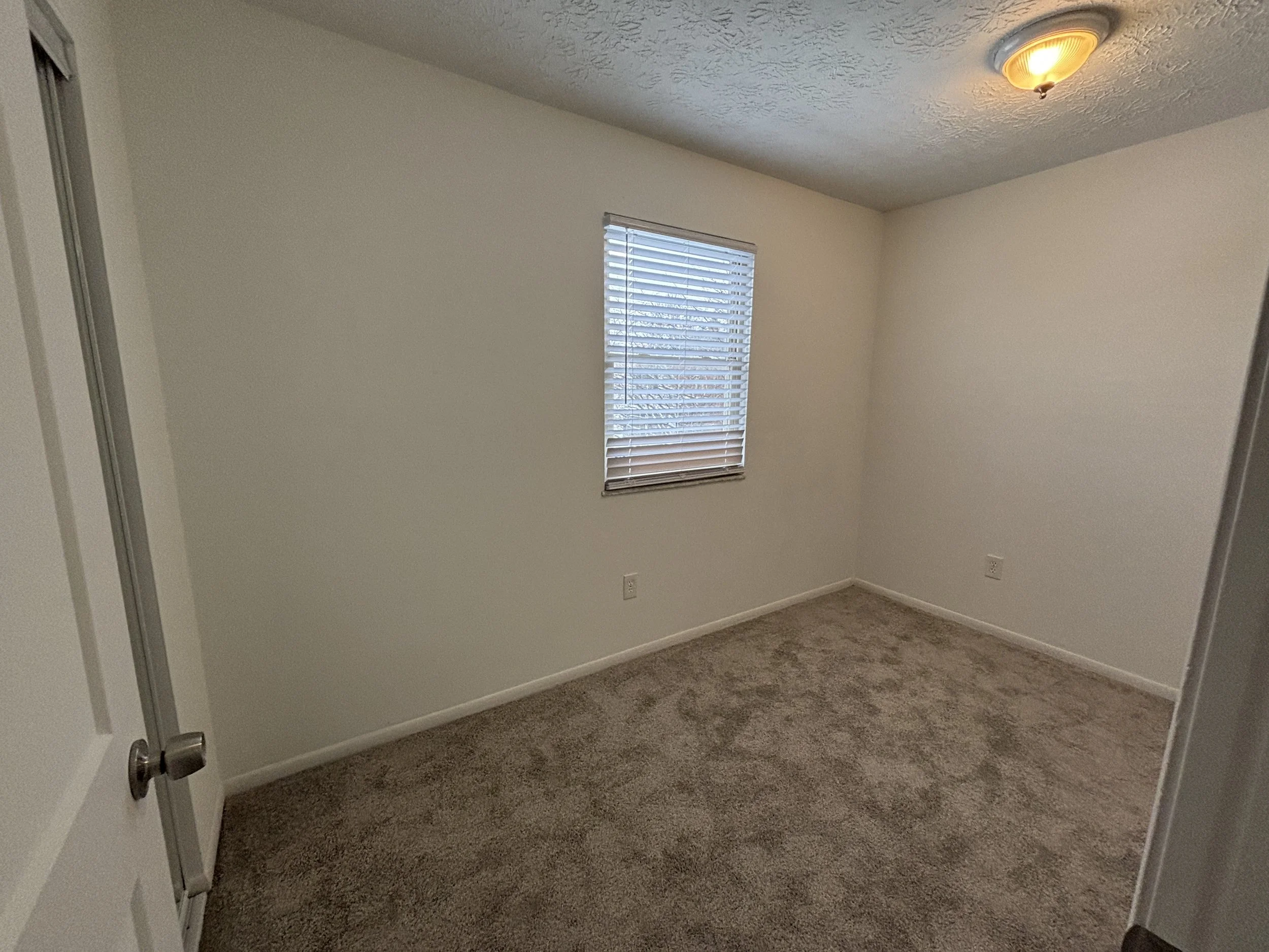 Empty bedroom with white walls, beige carpet, window with blinds, and ceiling light fixture.