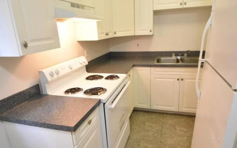 Kitchen with white cabinets, black speckled countertop, electric stove, double sink, and refrigerator.