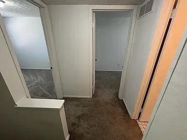 Empty carpeted hallway with two open doorways, leading to other rooms in a house.