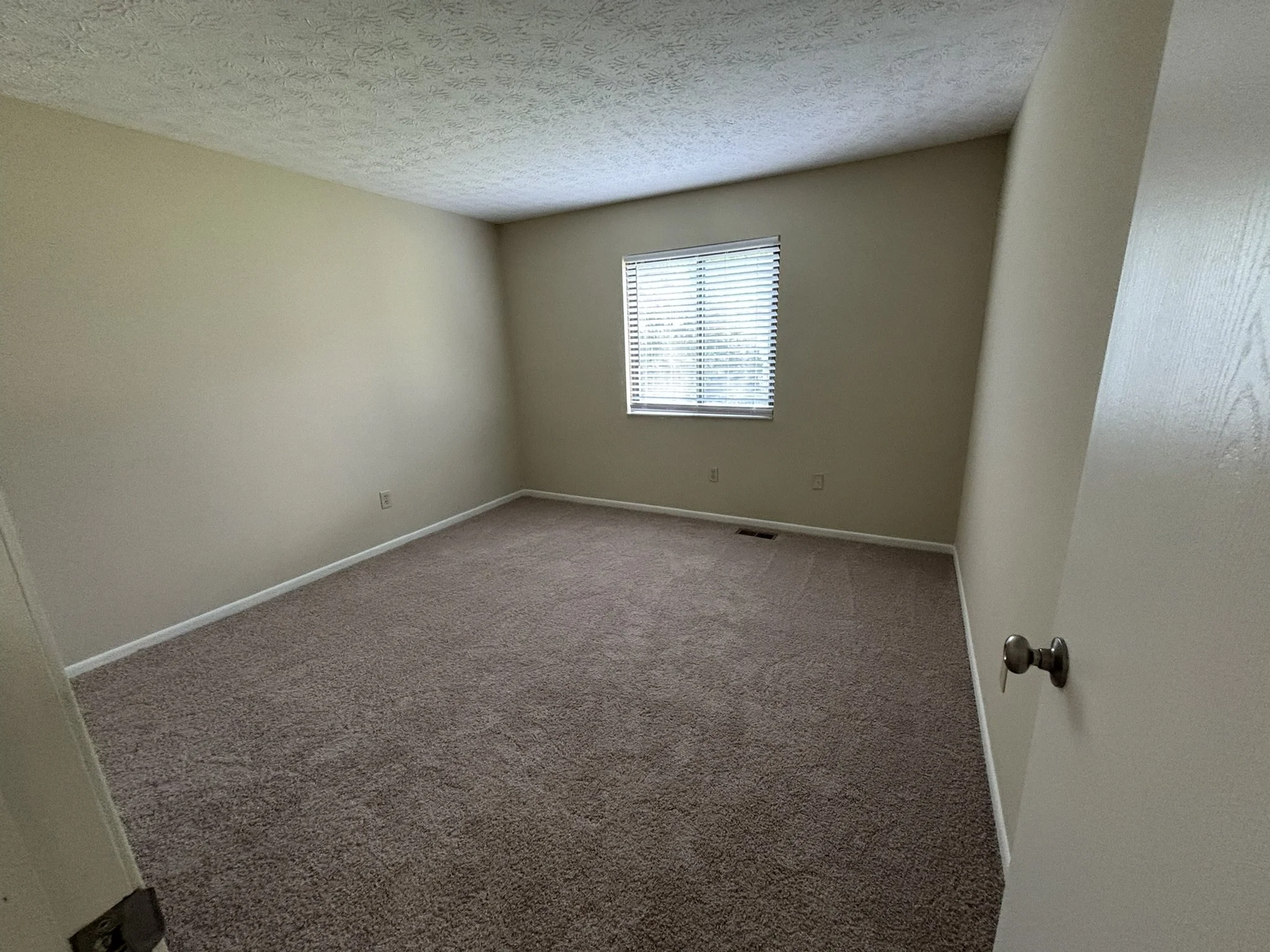 Empty room with beige walls, carpeted floor, a window with blinds, and a door partially open.