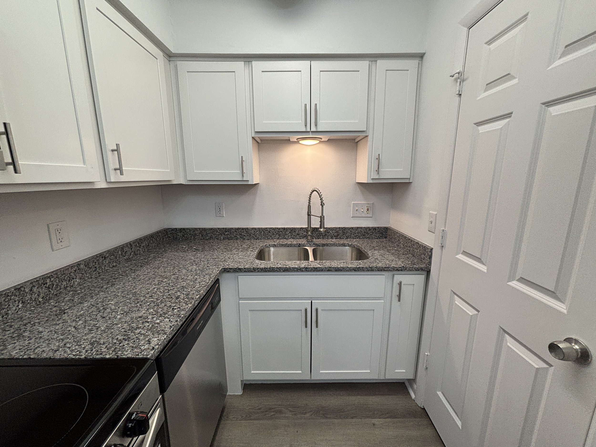 Small kitchen with white cabinets, granite countertops, stainless steel sink, and dishwasher. Has a door on the right side and a small overhead light above the sink.