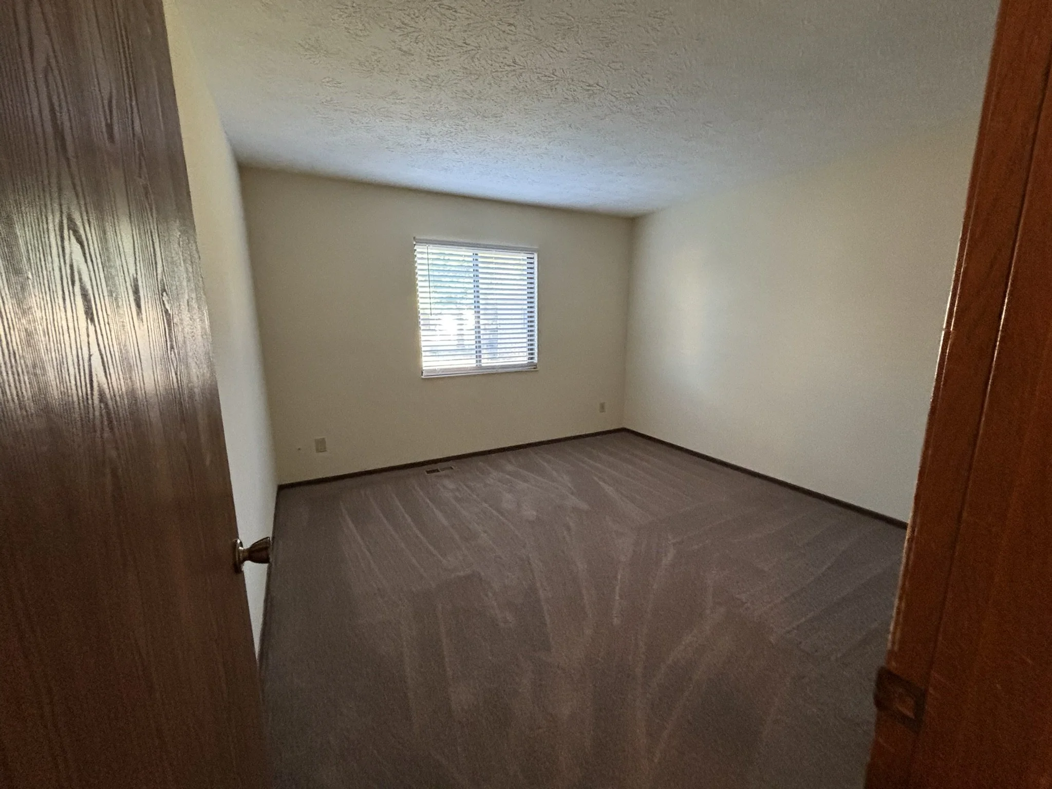 Empty bedroom with beige walls, brown carpet, a window with blinds, and a wooden door.
