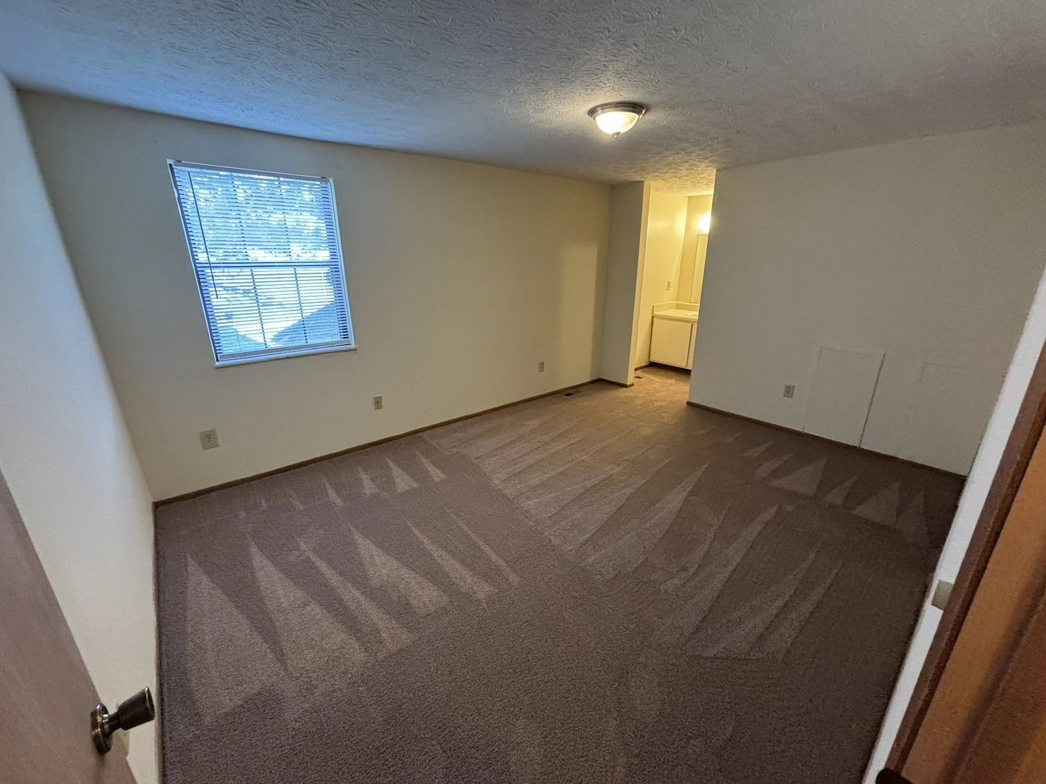 Empty room with carpeted floor, a window with blinds, and a small bathroom or closet with a sink on the right side.
