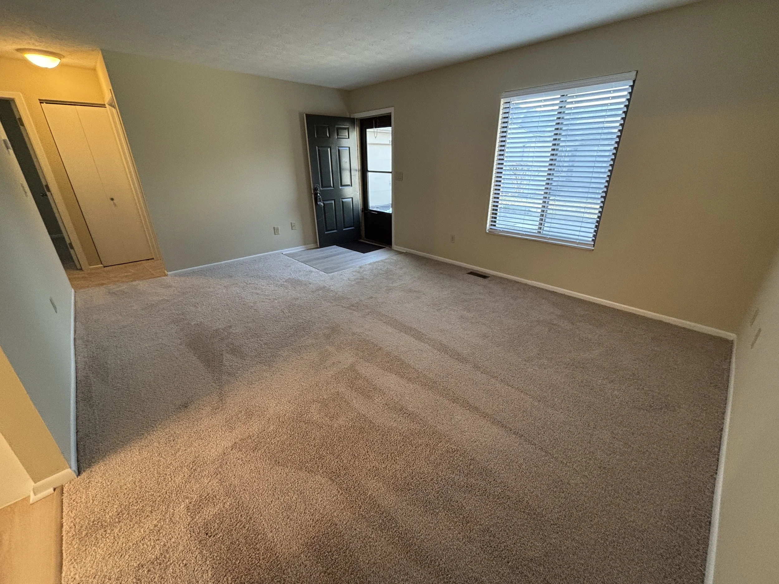 Empty living room with beige carpet, a window with white blinds, a front door, and a closet door.