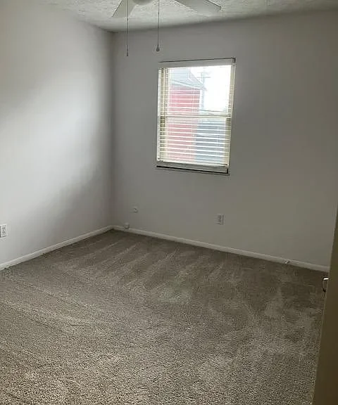 Empty room with beige carpet, white walls, a single window with blinds, and a ceiling fan pull chain.