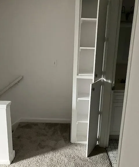 An open white cabinet door revealing shelves inside a room with a beige carpet and a white wall.