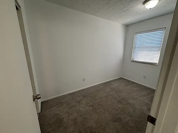 Empty bedroom with white walls, beige carpet, and a window with blinds.