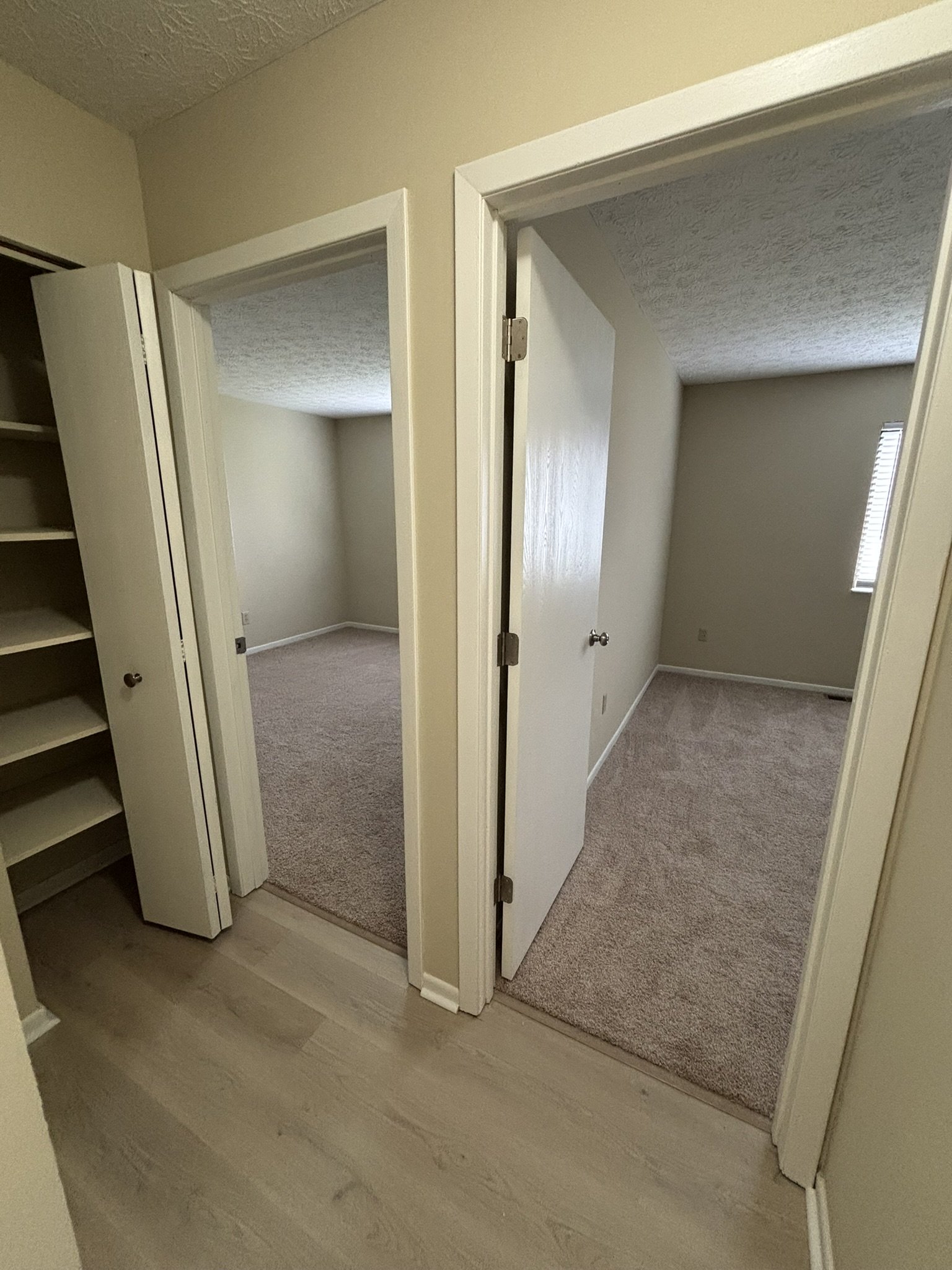 View of doorways leading to two separate rooms, one with beige carpet and the other with tan carpet, with closet shelves on the left side.