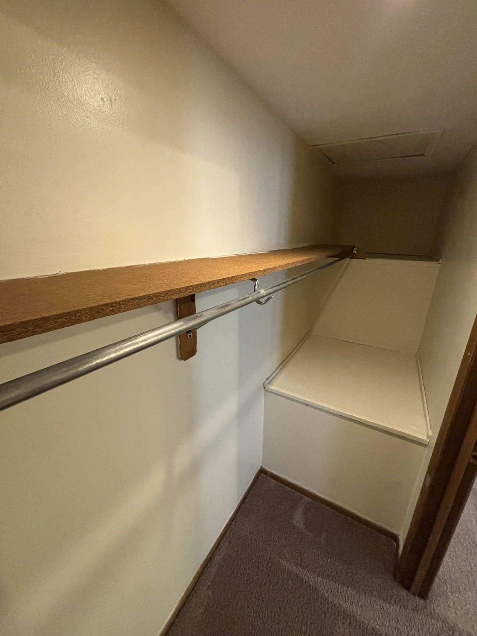 Empty closet with a wooden shelf, metal hanging rod, and built-in space at the back, with beige walls and carpeted floor.