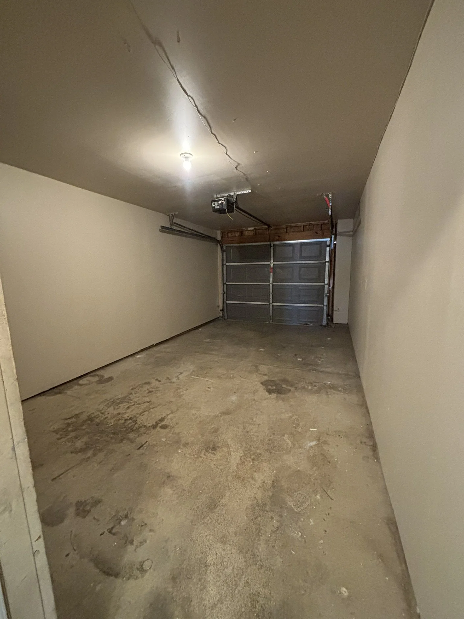 Empty residential garage with concrete floor, beige walls, and closed metal door at the back.