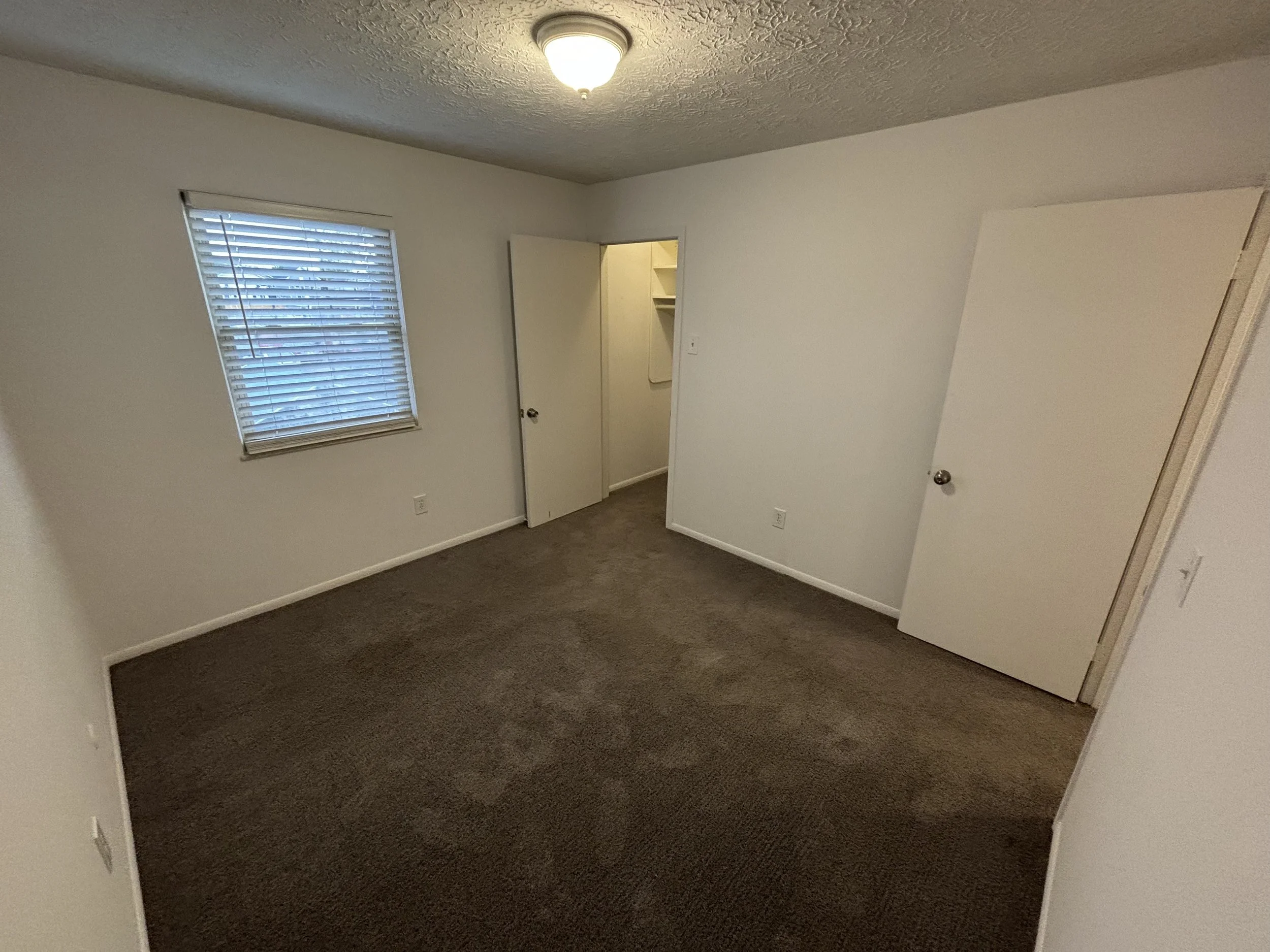 An empty bedroom with white walls, a window with blinds, a brown carpet, a ceiling light, a closet with open shelves, and a door.